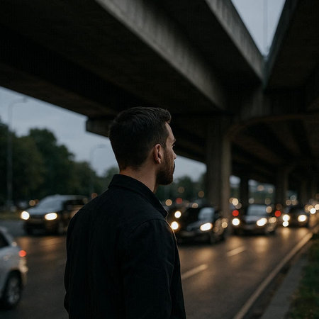 Handsome bearded man in a black jacket on the street in the evening