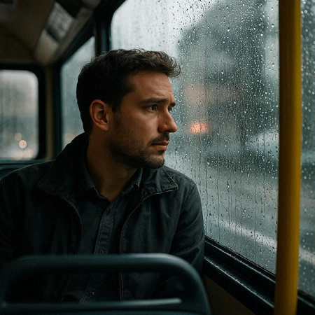Handsome young man in a bus with raindrops on his face.