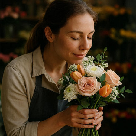 Female florist with a bouquet of flowers in her hands