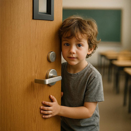 Cute little boy opening the door to a classroom at school.