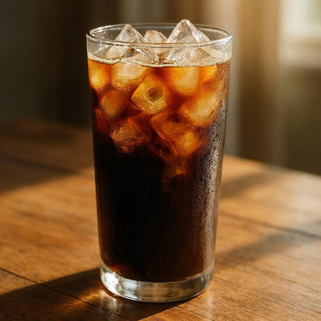 Iced cola with ice cubes in a glass on wooden table