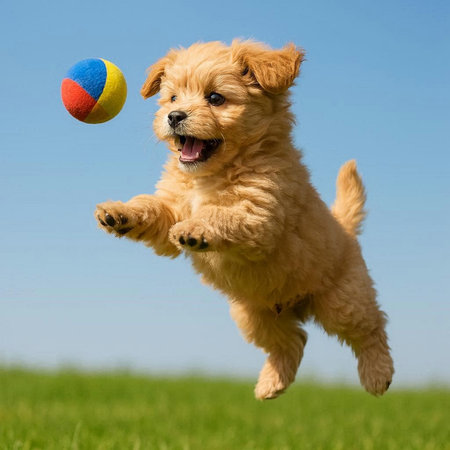 Funny puppy playing with a ball in the field. Pet animals.