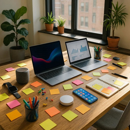 Laptop and office supplies on a wooden table. Business concept.