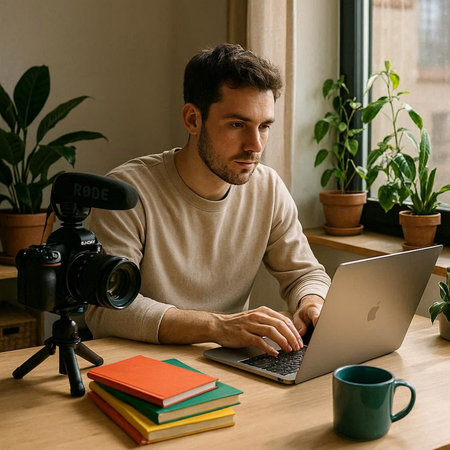 Image of a handsome young man indoors at home using laptop computer.