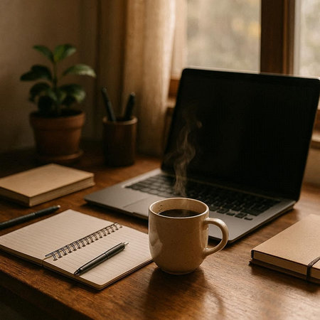 Coffee cup with notebook and laptop on wooden table at home
