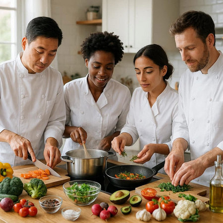 Group of diverse chefs preparing healthy food together in the kitchen at home