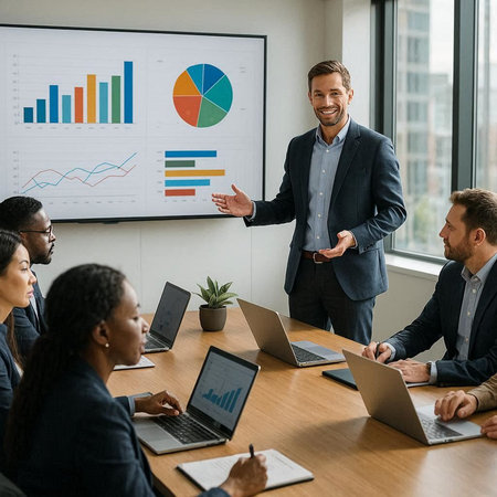 smiling businessman giving presentation to multiethnic colleagues in boardroom