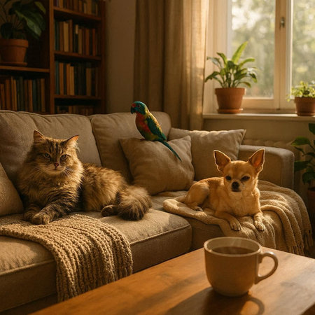 Cat and dog resting on sofa in living room with coffee cup and parrot