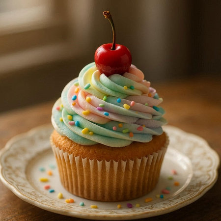 Cupcake with colorful cream and cherry on a wooden table.