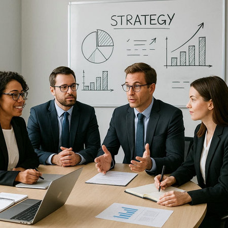 Group of business people sitting at table in office and discussing business plan