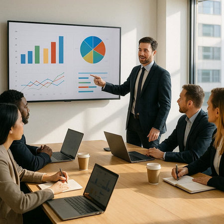Smiling businessman giving a presentation to his colleagues during a meeting in the office