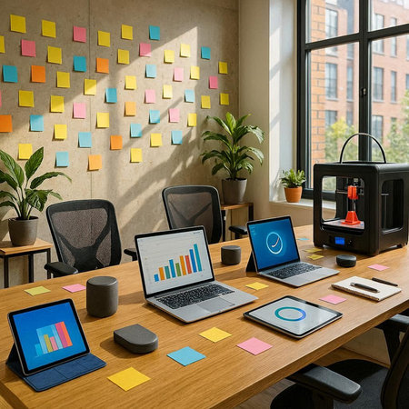 Interior of modern office with colorful stickers on wall. 3d rendering