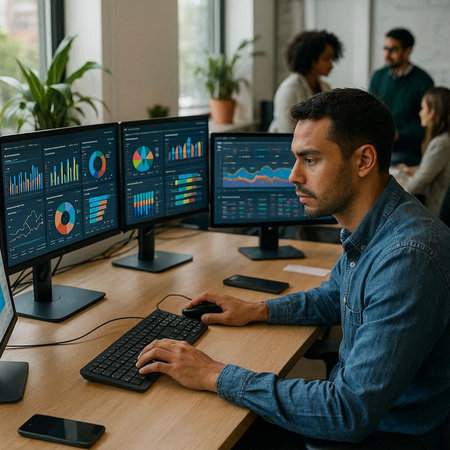 young man working with computer at modern startup office and analyzing financial data