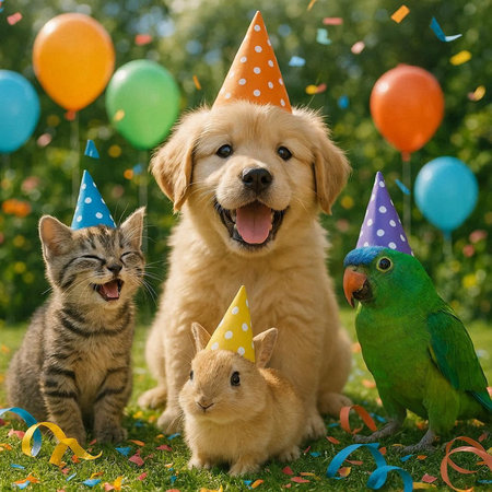 Cat, dog and puppy in birthday hats with balloons and ribbons