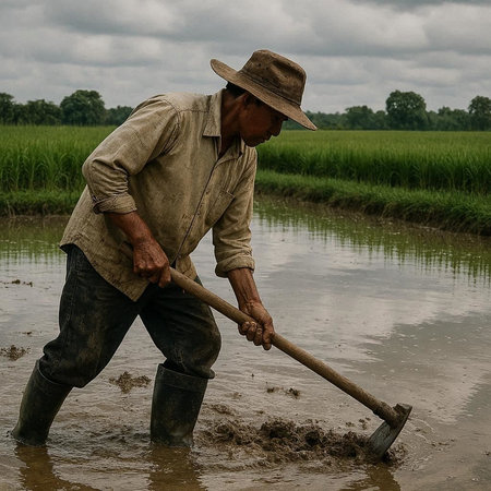 Farmer working on a rice field in the countryside of Thailand.