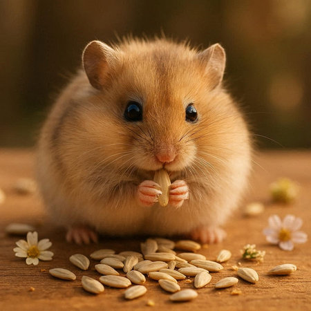 Hamster with sunflower seeds on a wooden background. Close-up.