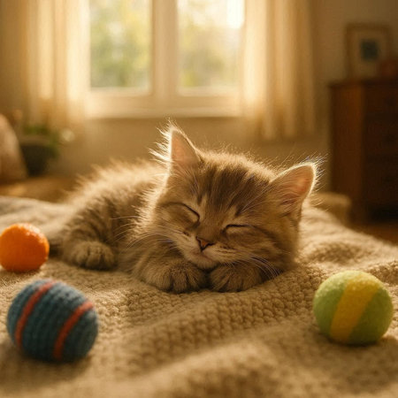 Cute tabby cat sleeping on the bed with colorful balls.