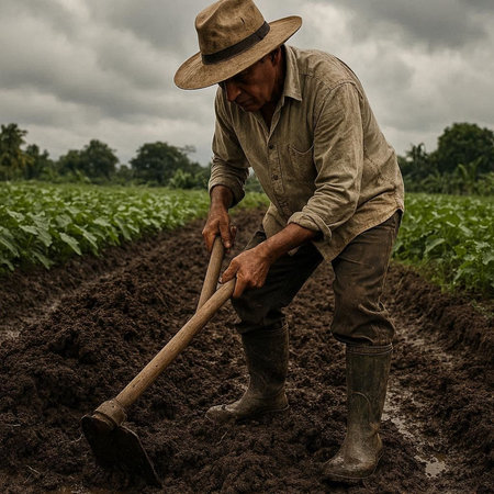 Farmer working in the field with a hoe in his hand