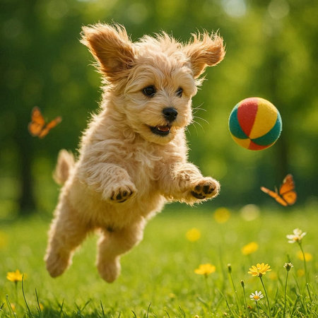 Cute puppy playing with a ball in the meadow in summer