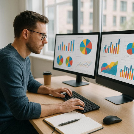 Side view of handsome young businessman in eyeglasses working on computer at workplace in office