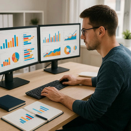 side view of young businessman in eyeglasses working with computer in office
