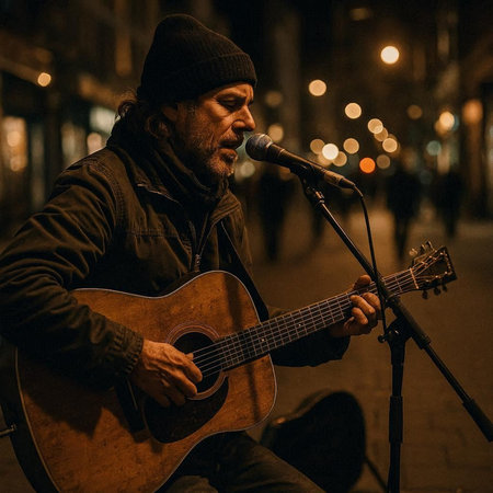 Street musician playing an acoustic guitar in the city at night. Street musician.
