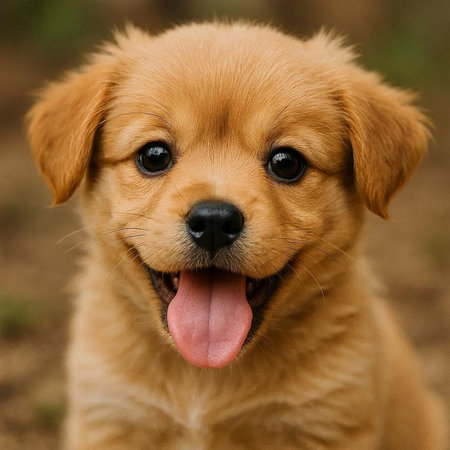Close up portrait of cute golden retriever puppy with tongue out.