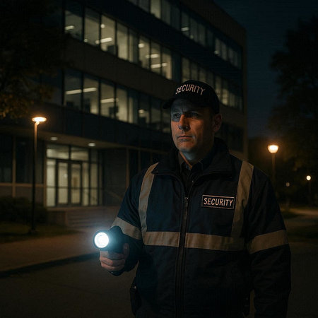 Portrait of security guard holding flashlight at night in urban area.
