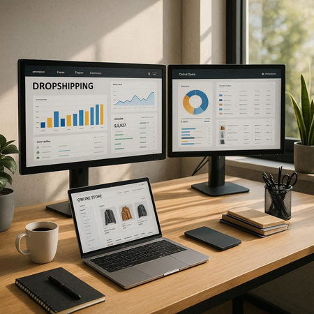 Businessman working on computer network graphic overlay on office desk. All screen graphics are made...