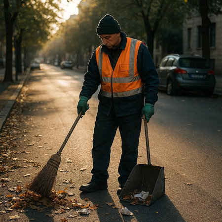 A middle-aged man cleans the streets of the city with a broom.