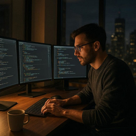 Side view of a young man in eyeglasses working on computer at night