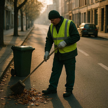 An elderly man cleans the street with a broom in the early morning