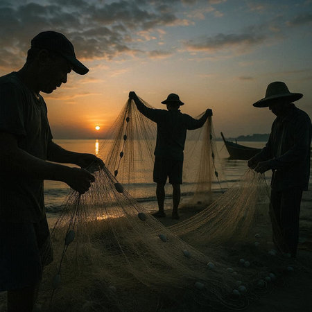 Fishermen are casting nets on the beach in the evening.