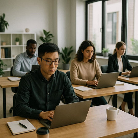 selective focus of serious asian businessman using laptop while colleagues working in office