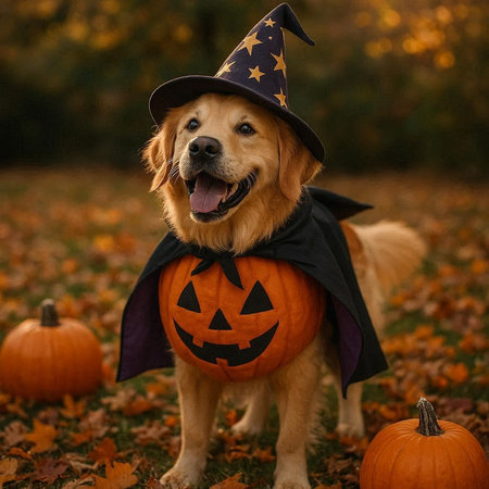 Cute golden retriever dog in witch costume with pumpkin in autumn park
