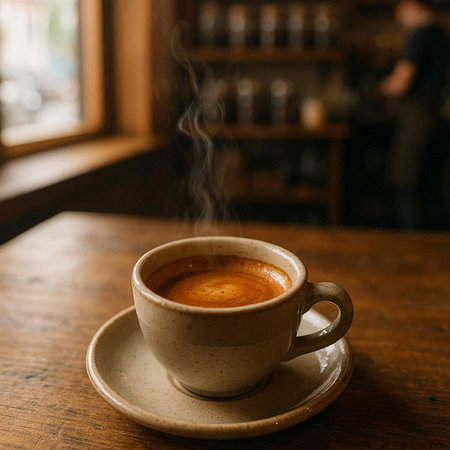 Cup of coffee on wooden table in cafe. Coffee shop background