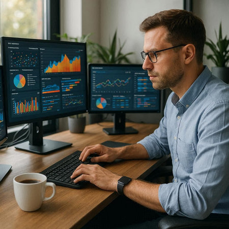Side view of confident mature businessman in eyeglasses using computer while working in office