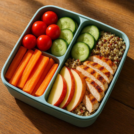 Healthy lunch box with chicken, quinoa, vegetables and apple