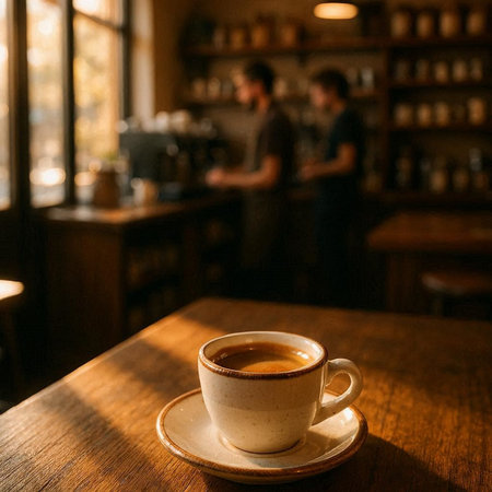 Coffee cup on wooden table in coffee shop with blurred people on background