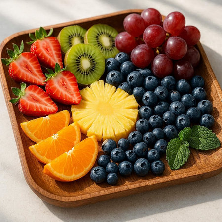 Fruits and berries in a wooden plate on a white background.