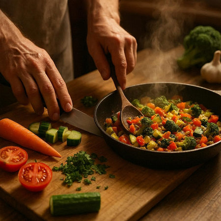 Cooking vegetables in a frying pan on a wooden table. Selective focus.