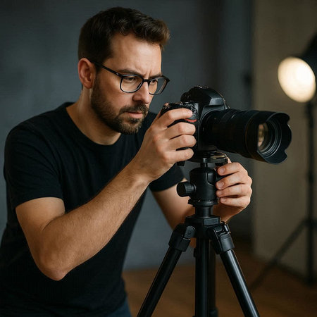 Handsome male photographer in black t-shirt and eyeglasses holding professional camera