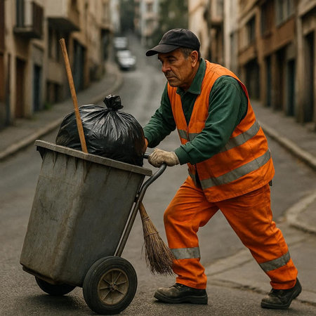 Worker cleaning the street with a broom and a wheelbarrow