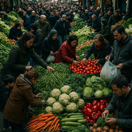View of unknowns Nepali people buying vegetables at the street market in Kathmandu in the morning