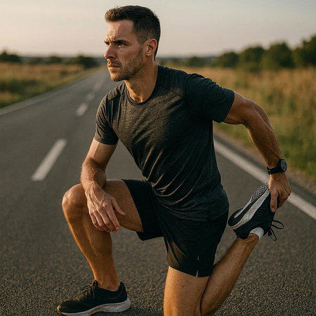 Athletic young man running on the road at sunset.