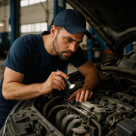 Handsome auto mechanic repairing car engine in auto repair shop.