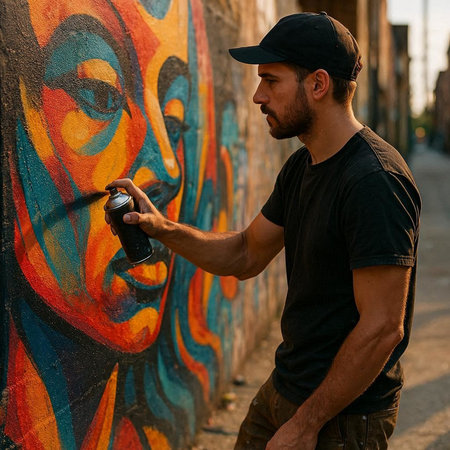 A young graffiti artist with a spray can in his hand paints graffiti on the walls of the city.