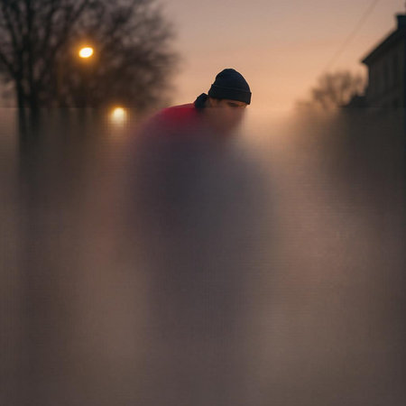 A man in a cap and a red sweater is walking along the street at night.