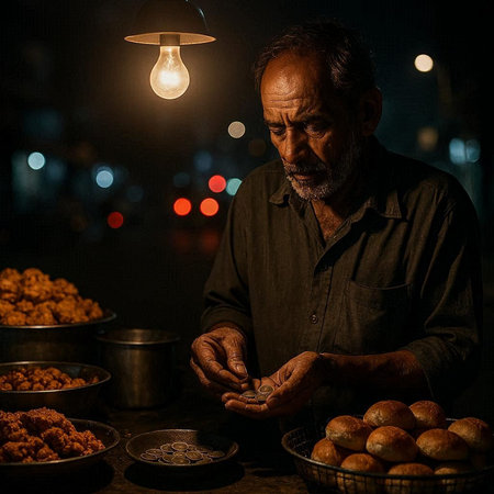 Handsome Indian beggar with money and light bulb in the night