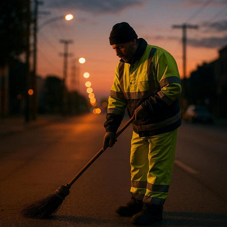 Worker cleaning the street with a broom in the early morning.